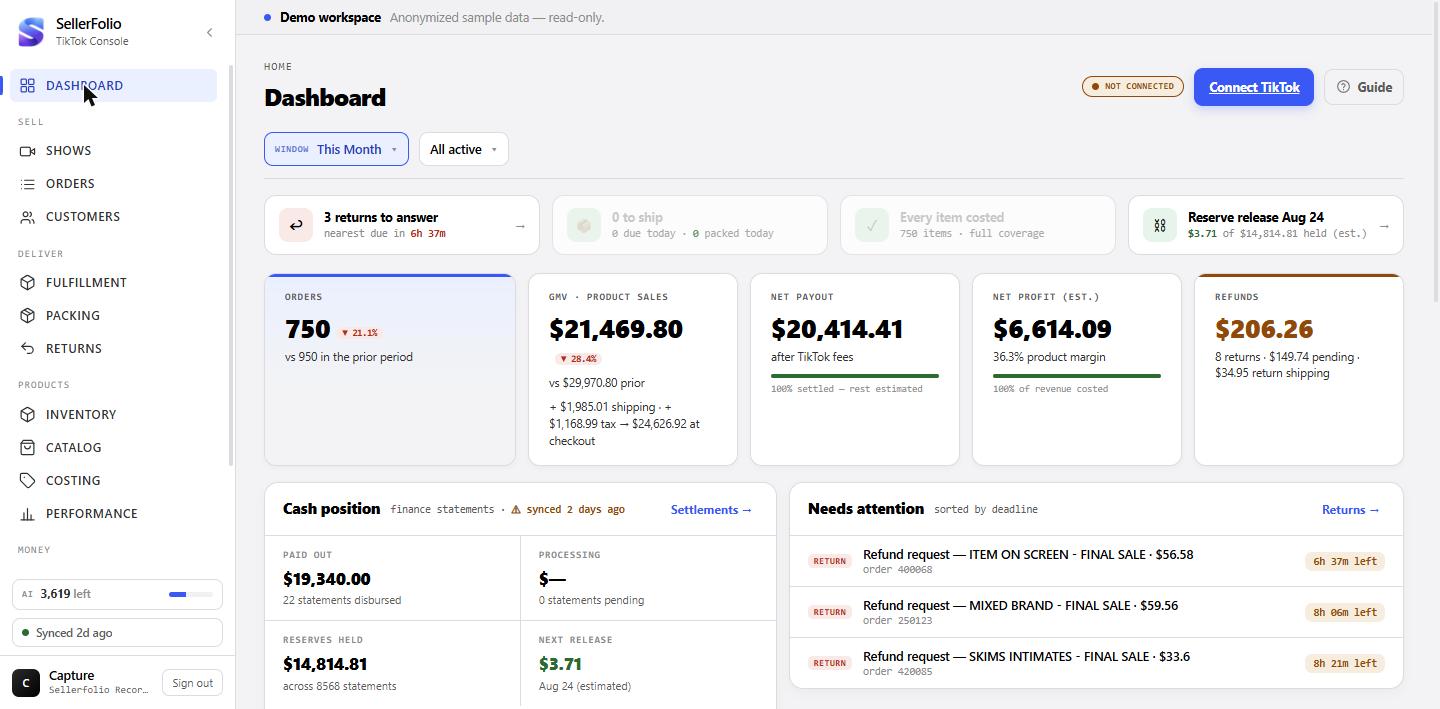 SellerFolio Dashboard: today's deadlines, this period's numbers and how much has settled