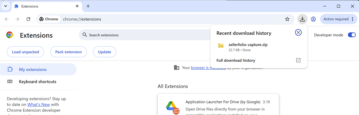 Chrome's download bubble showing sellerfolio-capture.zip finished downloading