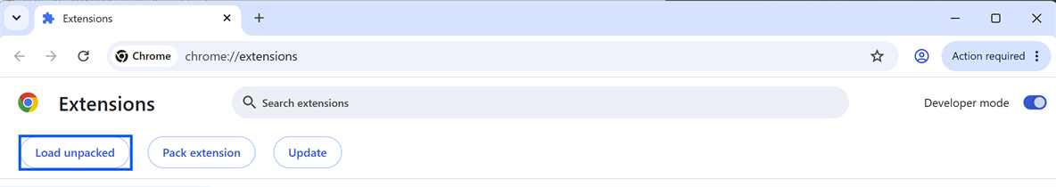 The Extensions page with Developer mode on, showing the Load unpacked button highlighted
