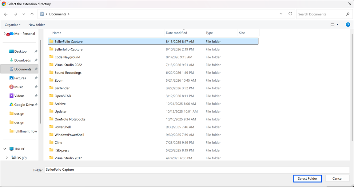 The Select the extension directory dialog with the SellerFolio Capture folder highlighted and the Select Folder button highlighted