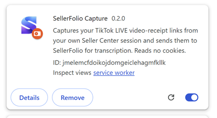 The SellerFolio Capture extension card showing version 0.2.0 and its extension ID