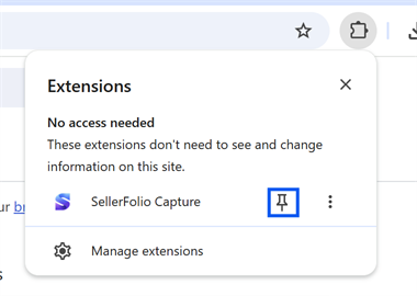 Chrome's extensions menu with the pin icon next to SellerFolio Capture highlighted