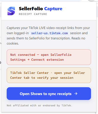 The extension popup showing Not connected in red and a Seller Center warning in amber