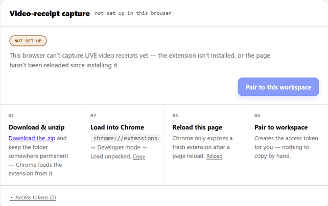The Video-receipt capture card showing the NOT SET UP state