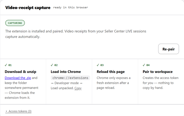 The capture card showing the green CAPTURING pill with all four steps complete