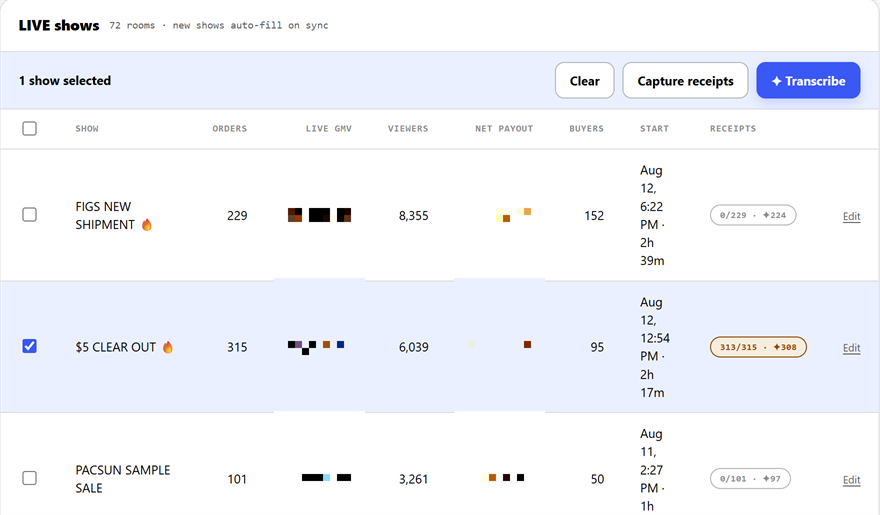 The Shows table with one show selected and the Capture receipts button visible in the action bar
