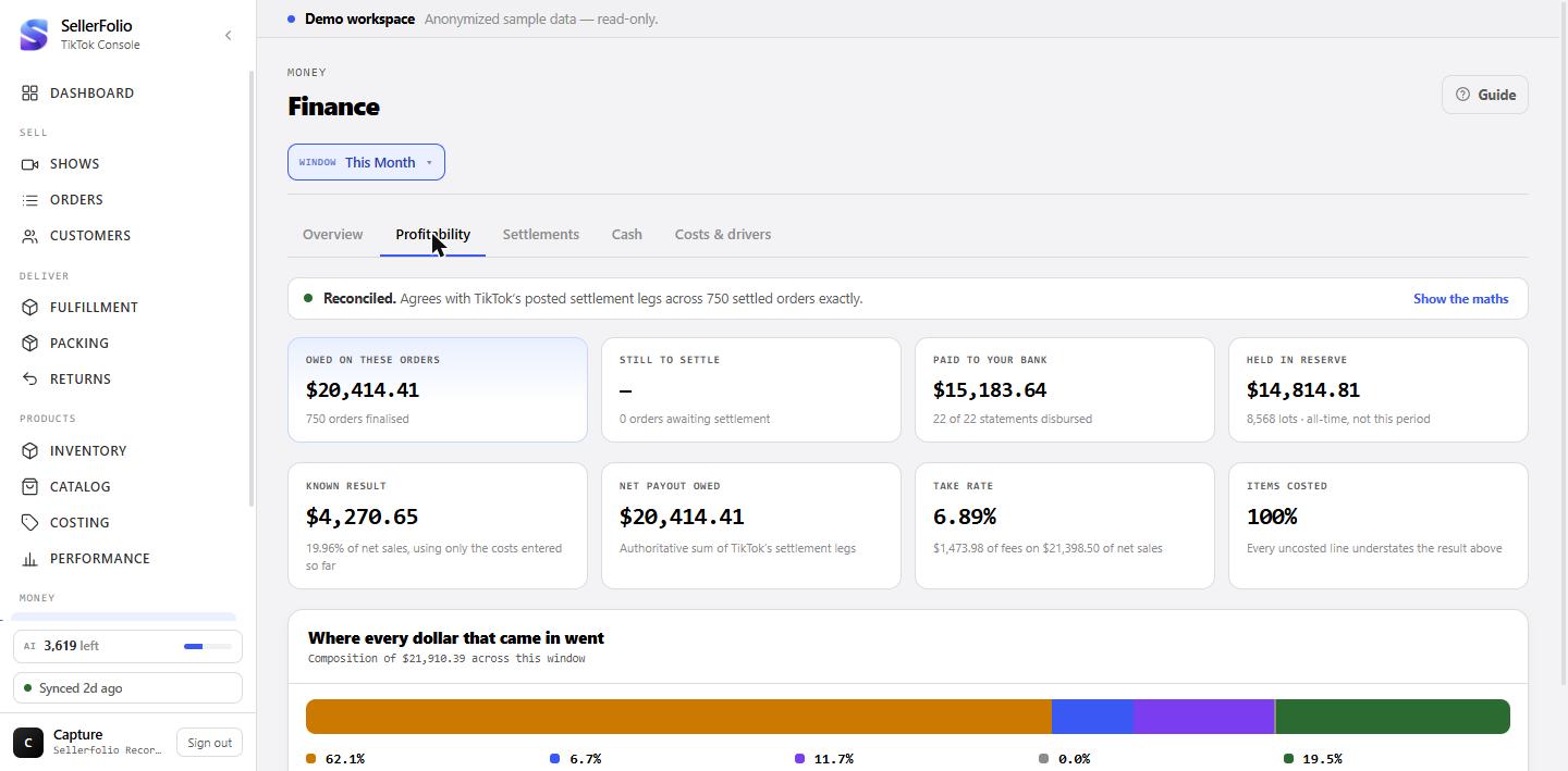 The Profitability tab: four figures above a single bar splitting the period into merchandise, fees, operating, unresolved and kept