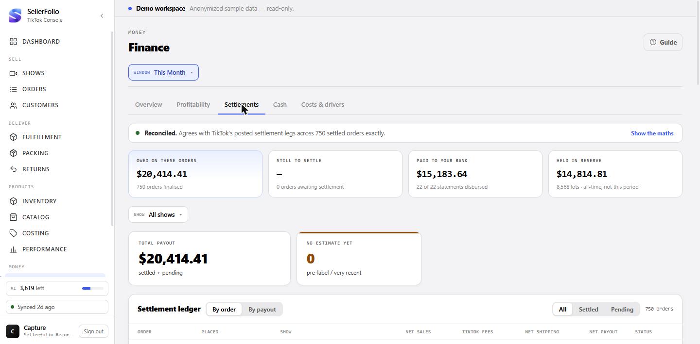 The Settlements tab listing orders with net sales, fees, shipping, payout and an Estimated status chip