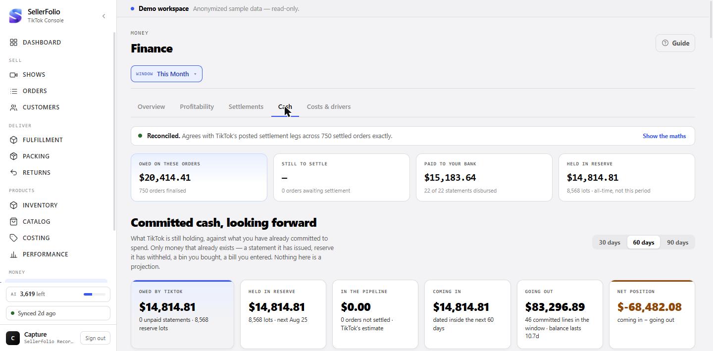 The Cash tab showing committed cash over the next 30 days and a Movements list of purchases, expenses and statements