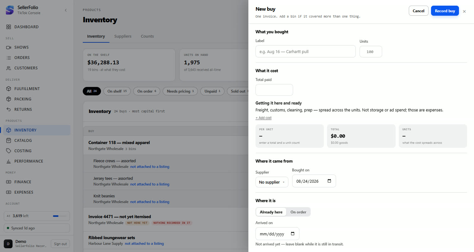 The New buy form open over the Inventory list