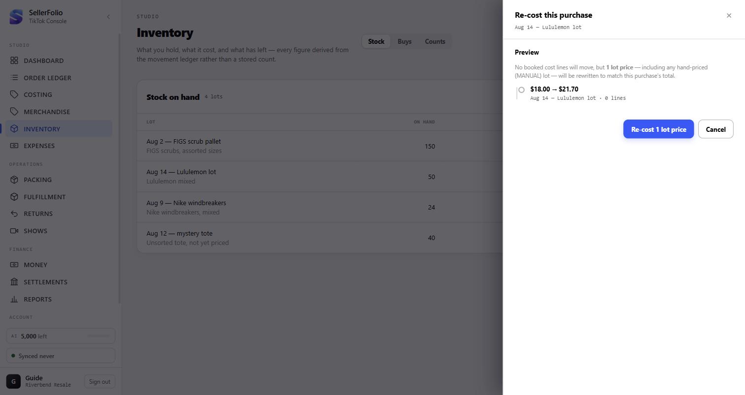 The re-cost dialog previewing a unit cost change from $18.00 to $21.70