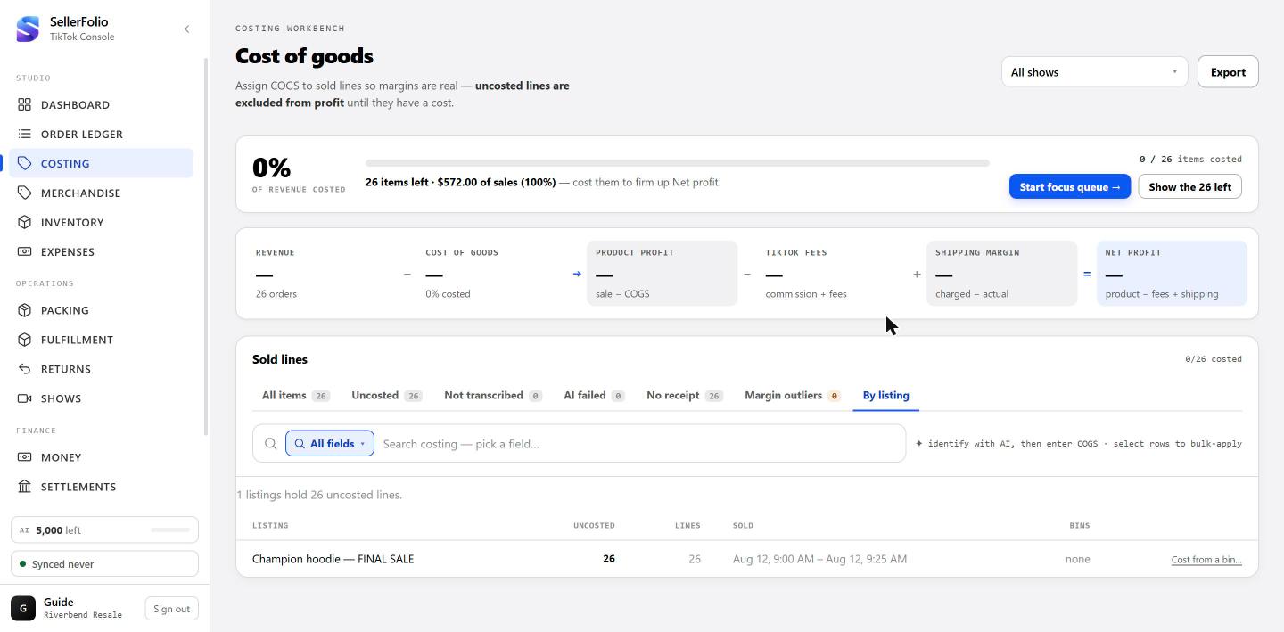 Costing's By listing tab showing one listing with 26 uncosted lines and no bins attached