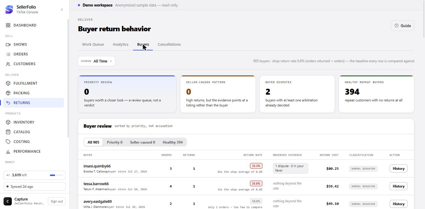 The Returns Buyers tab: the shop baseline, four tiles, segment filters, and the buyer review table with observed evidence and classification